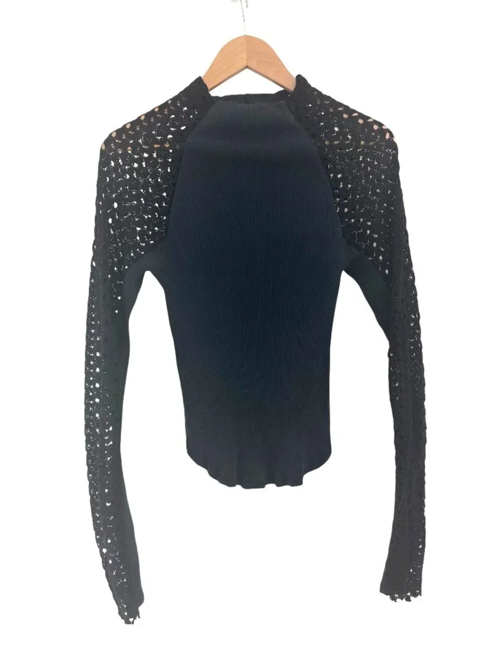 Free People Clemente Top Navy Blue Ribbed Bodice Black Lace Long Sleeve XL Shirt